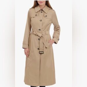 london fog raincoat women Beige Sz#L Single Breasted Long Trench Coat Belt New